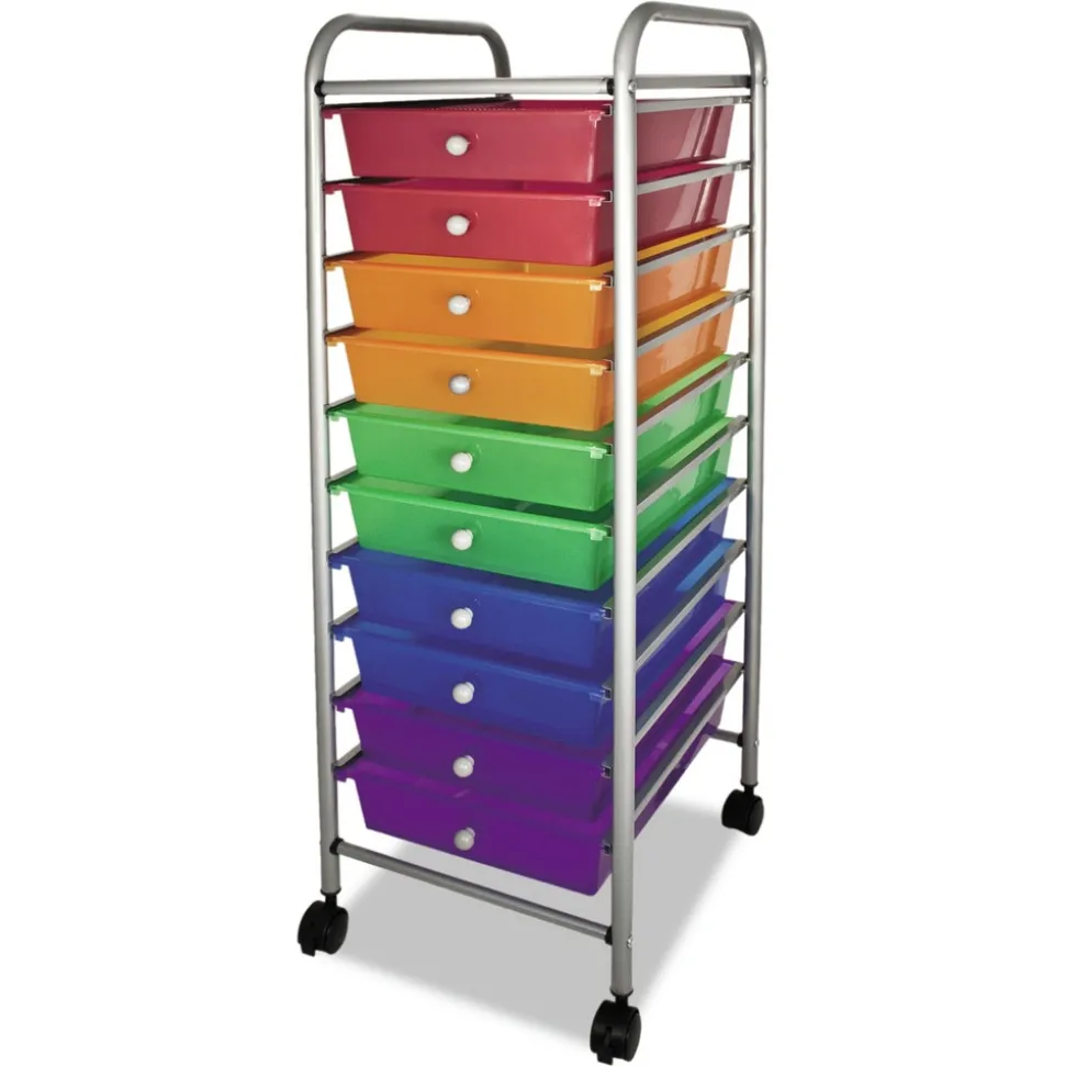 Advantus 1 Shelf 10 Drawer 13 in. x 15.38 in. x 37.75 in. Metal Portable Drawer Organizer - Matte Gray/Assorted