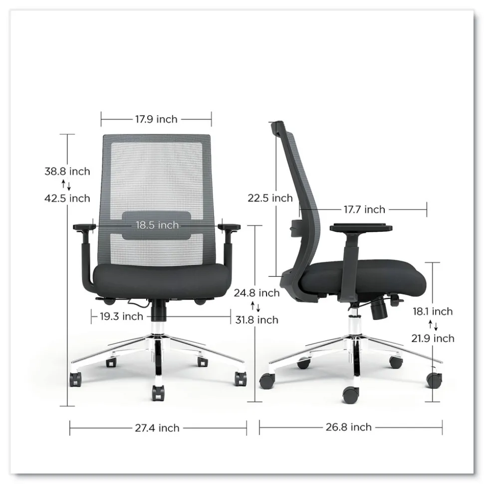 Alera 18.15 in. to 21.89 in. Seat Height Supports 275 lbs. Ashdale Ergonomic Fabric Swivel Task Chair - Black Seat/Back, Silver Base