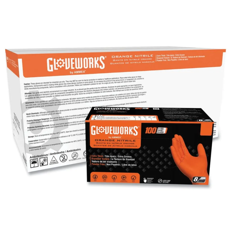 Ammex 8 mil Heavy-Duty Industrial Powder-Free Nitrile Gloves - X-Large, Orange (1000/Carton)