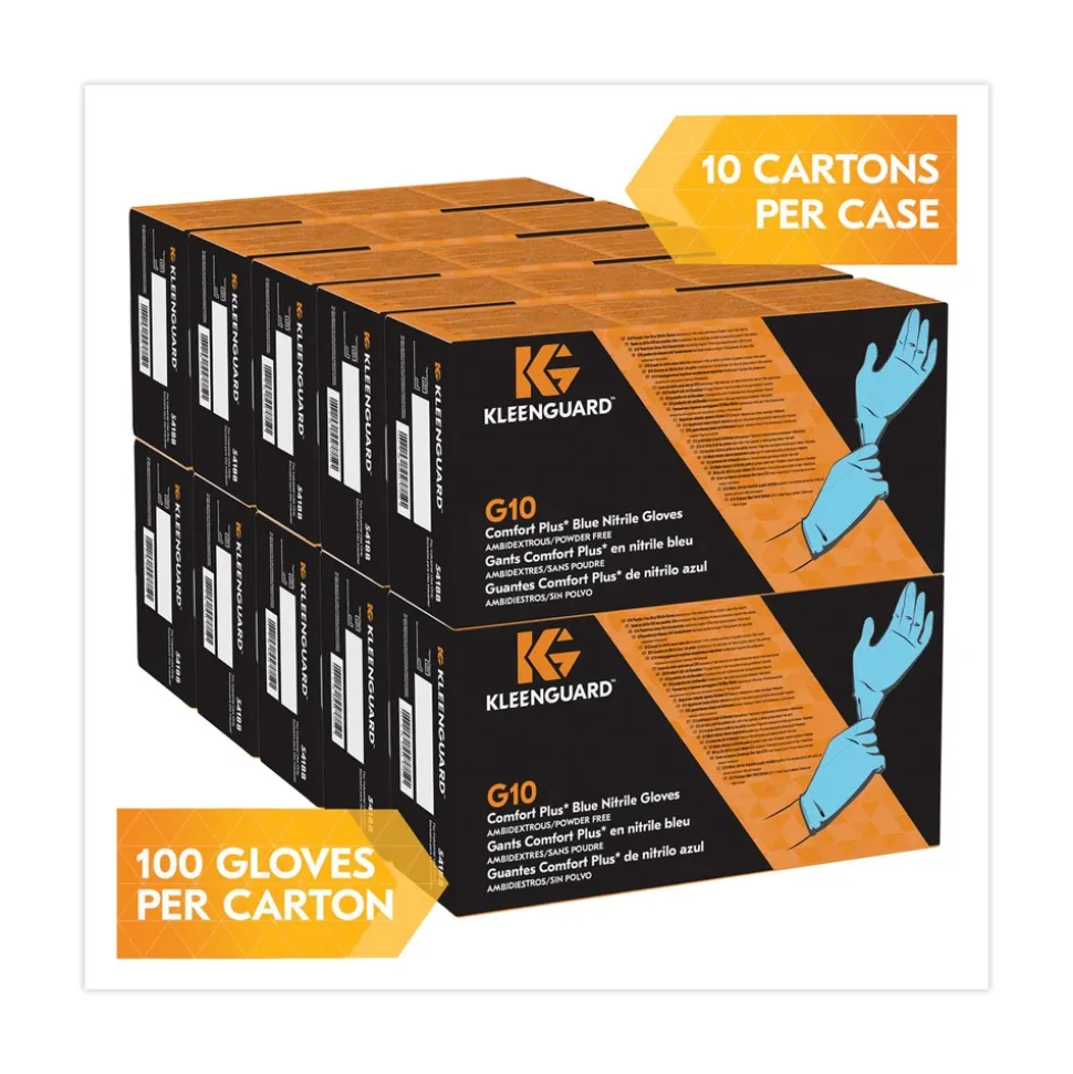 Ansell 4 mil Thick 9.5 in. Long Powder-Free G10 Comfort Plus Blue Nitrile Gloves - Large, Light Blue (100/Box, 10 Boxes/Carton)