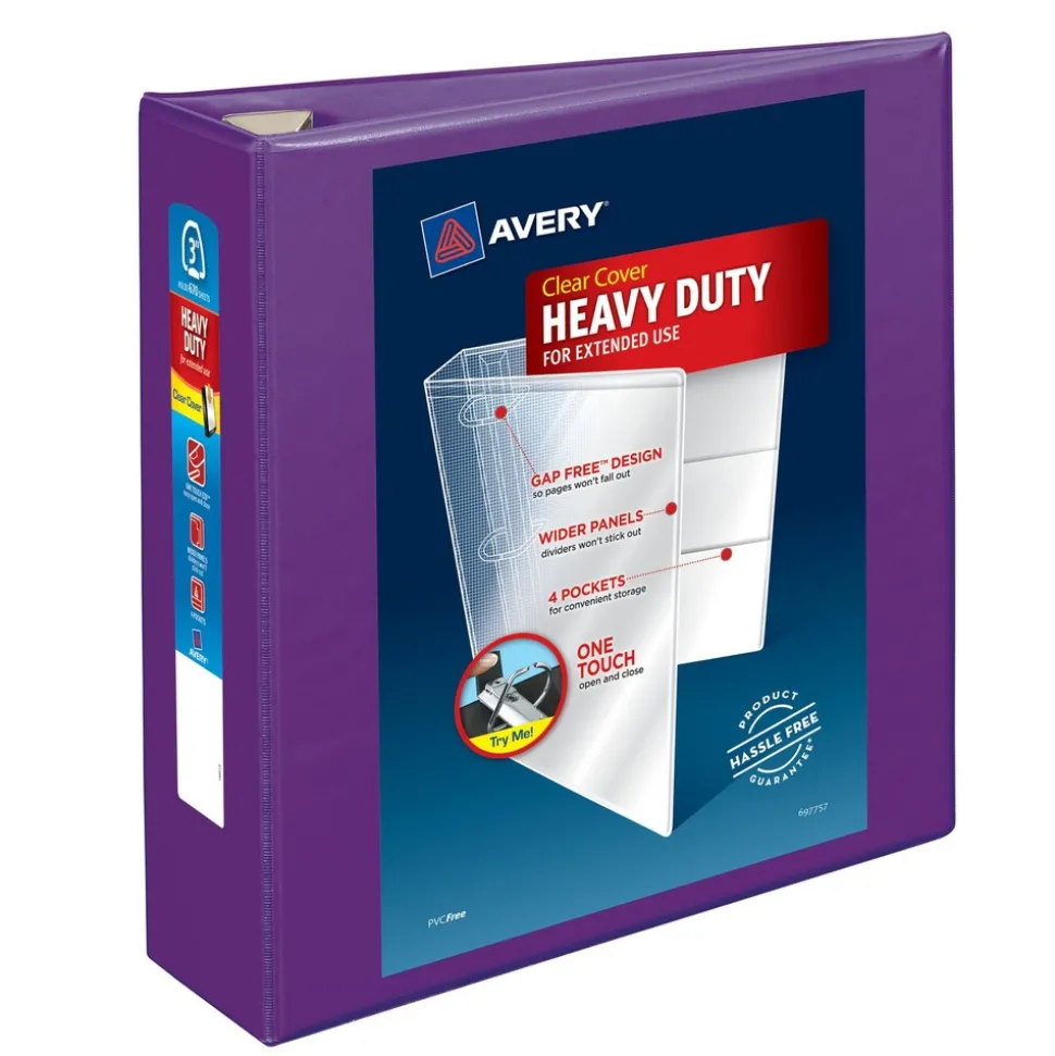 Avery 3 One Touch EZD Rings 3 in. Capacity 11 in. x 8.5 in. Heavy-Duty View Binder with DuraHinge - Purple (4/Carton)
