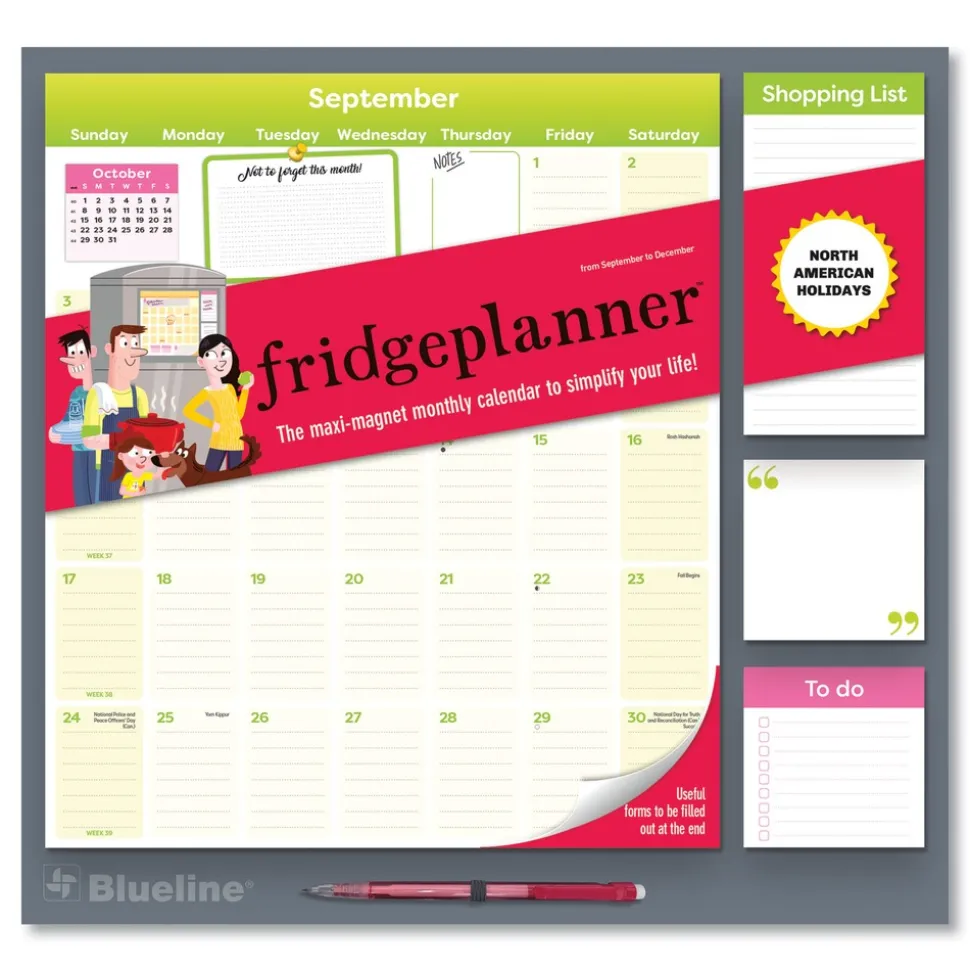 Blueline 17-Month: Aug 2025 to Dec 2026 14 in. x 13.5 in. Fridge Planner Magnetized Monthly Calendar with Pads and Pencil - Yellow/Green Sheets