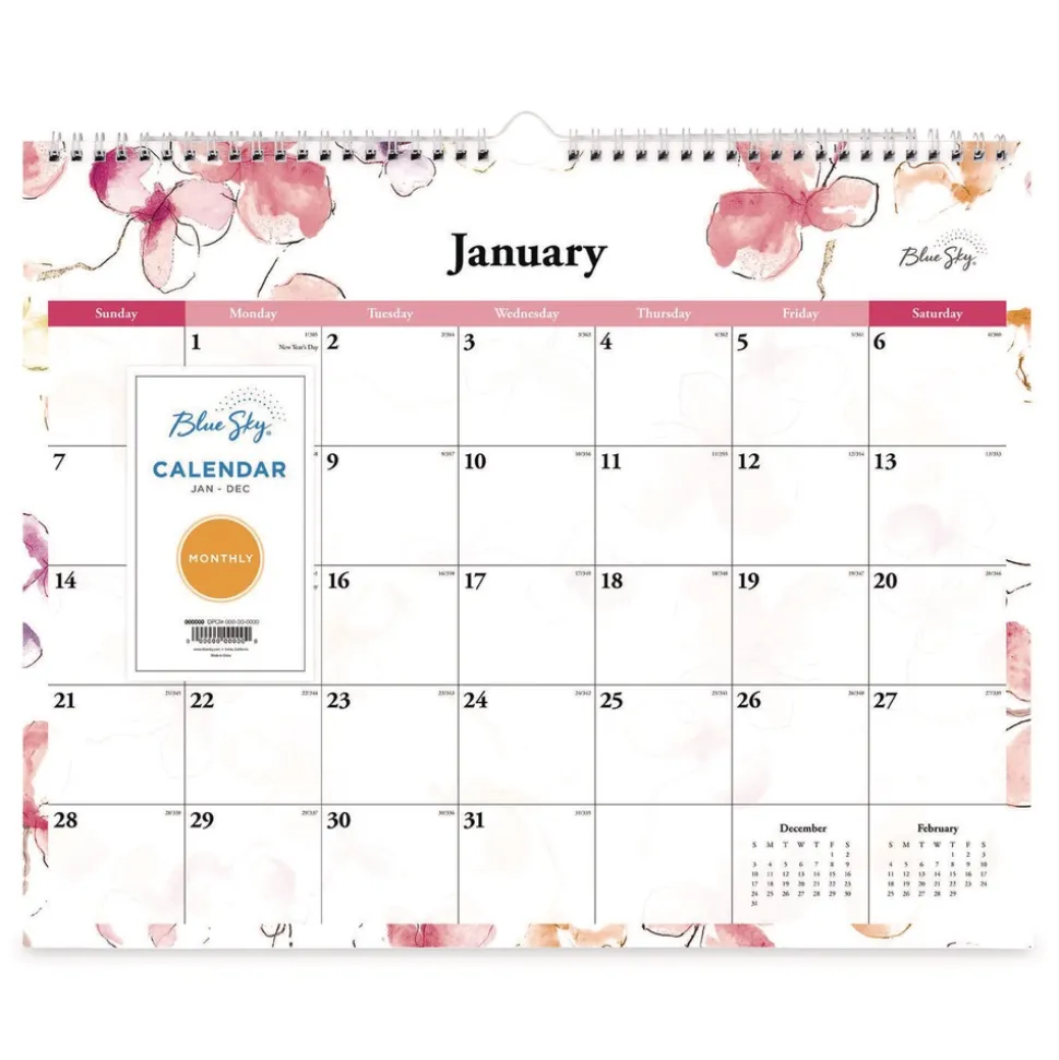 Blue Sky 15 in. x 12 in. 12-Month (Jan to Dec): 2026 Lindley Monthly Wall Calendar - Floral Artwork, White/Pink/Red Sheets