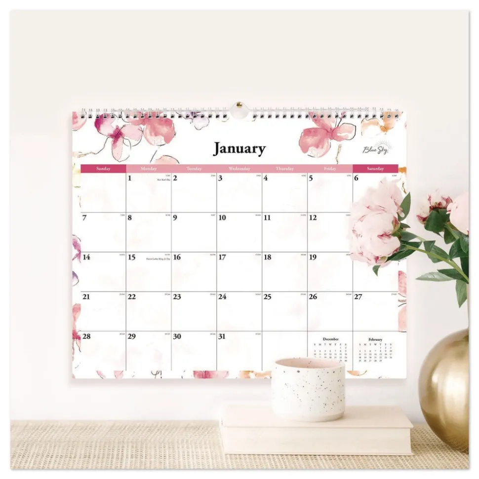 Blue Sky 15 in. x 12 in. 12-Month (Jan to Dec): 2026 Lindley Monthly Wall Calendar - Floral Artwork, White/Pink/Red Sheets