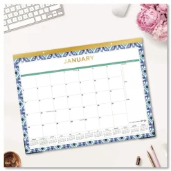 Blue Sky 22 in. x 17 in. 12-Month (Jan to Dec): 2026 Tile Monthly Desk Pad Calendar - Geometric Artwork, White/Blue/Green Sheets