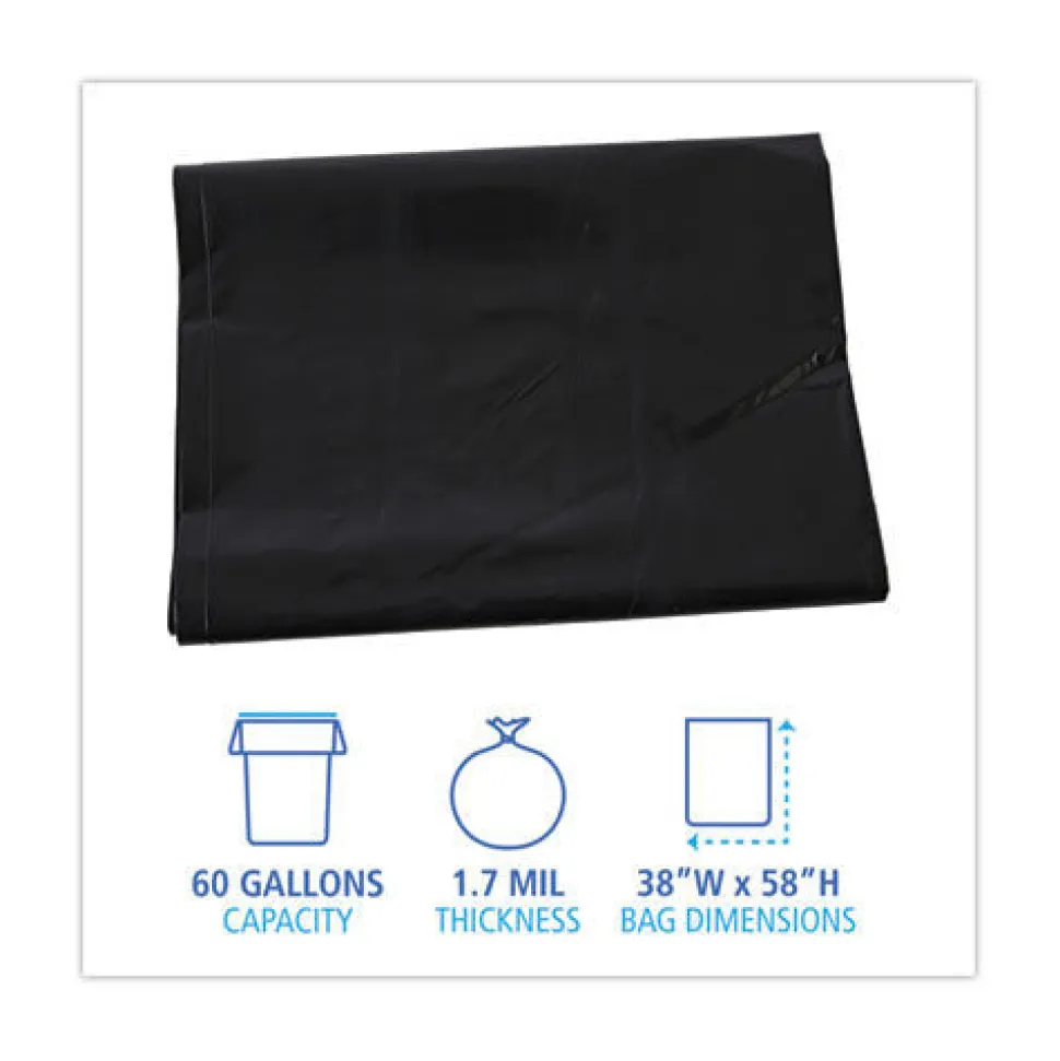 Boardwalk 60 Gallon 1.7 mil 38 in. x 58 in. Flat Pack Linear Low Density Industrial Can Liners - Black (100/Carton)