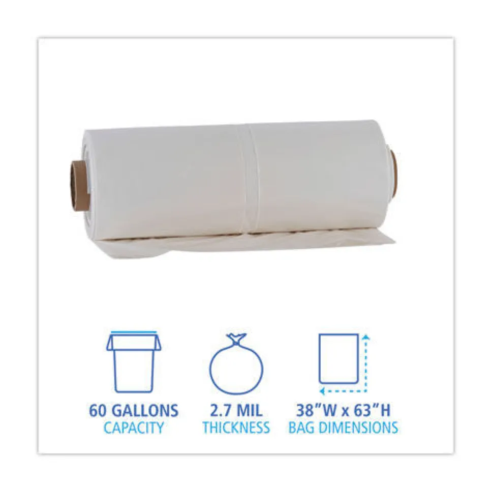 Boardwalk 60 Gallon 2.7 mil 38 in. x 63 in. Industrial Drum Liners Rolls - Clear (50/Carton)