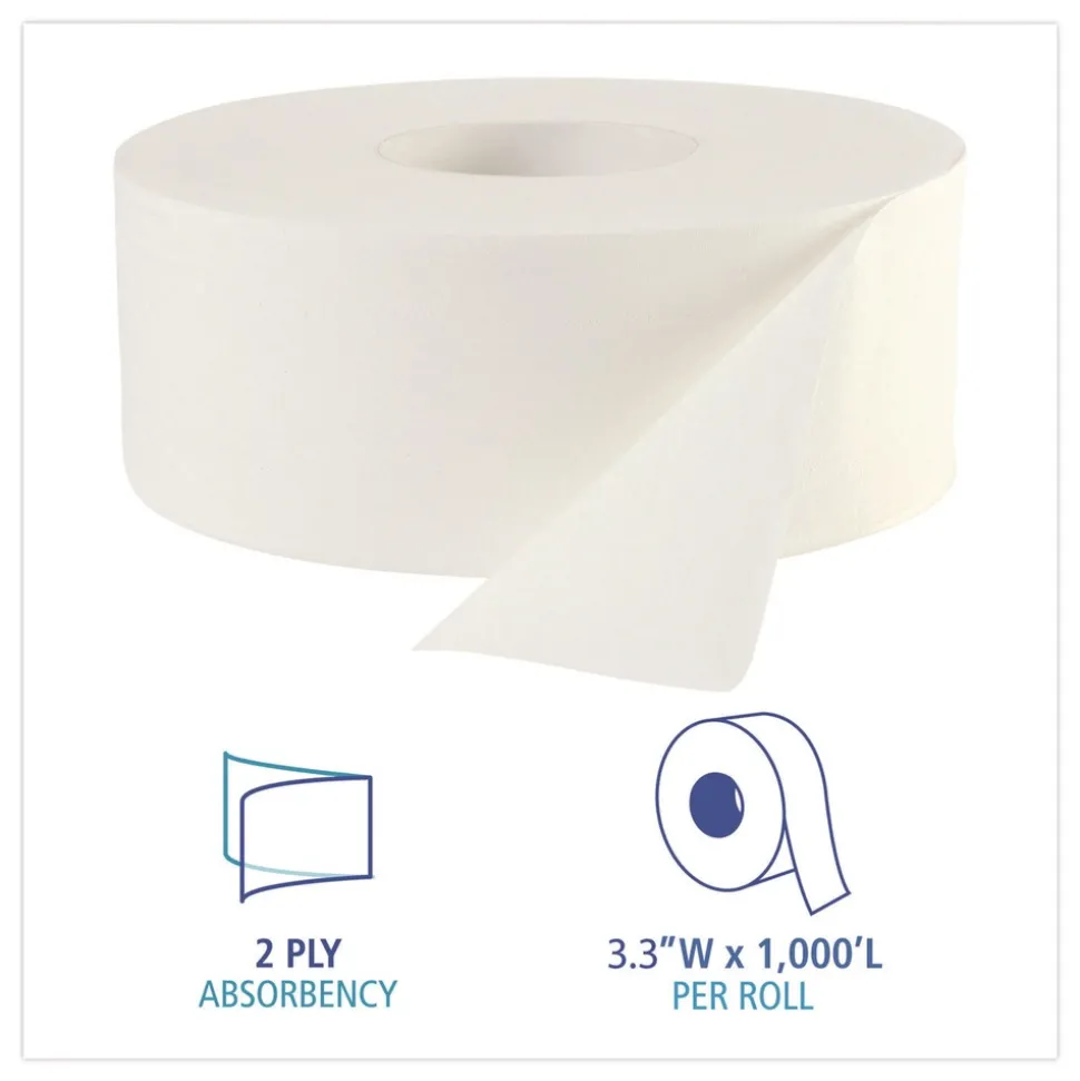 Boardwalk 3.5 in. x 1000 ft. JRT Septic Safe 2-Ply Bath Tissue - Jumbo, White (12/Carton)