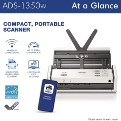 Brother 600 dpi x 600 dpi Optical Resolution 20-Sheet Duplex Auto Document Feeder ADS-1350W Compact Desktop Scanner