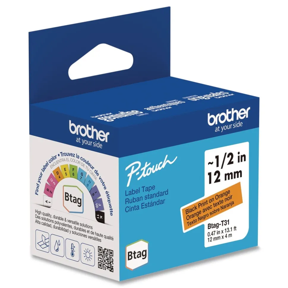 Brother P-Touch 0.47 in. x 13.1 ft. Genuine P-Touch BTAG Label Tapes - Black on Orange