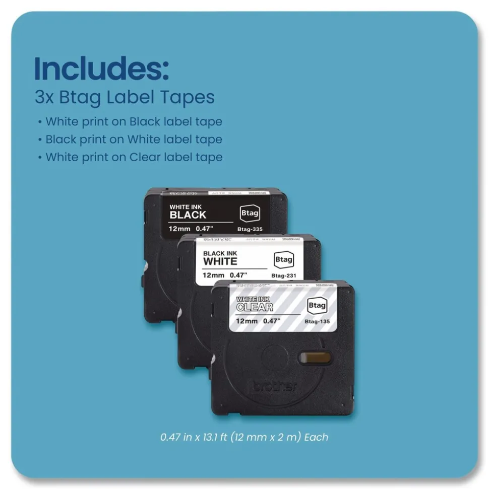 Brother P-Touch 0.47 in. x 13.1 ft. Genuine P-Touch BTAG Label Tapes - White on Clear, Black on White, White on Black