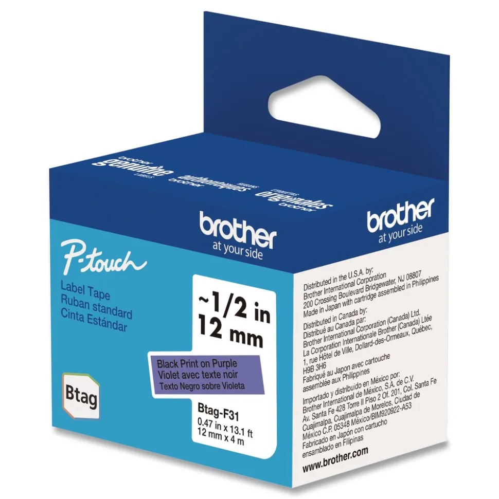 Brother P-Touch 0.47 in. x 13.1 ft. Genuine P-Touch BTAG Label Tapes - Black on Purple