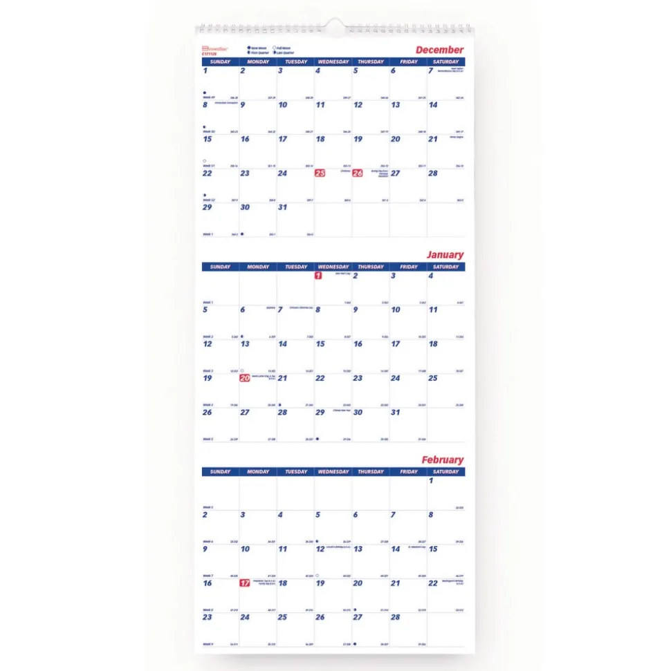 Brownline 14-Month: Dec 2025 to Jan 2027 12.25 in. x 27 in. Three-Month Wall Calendar - White/Blue Sheets