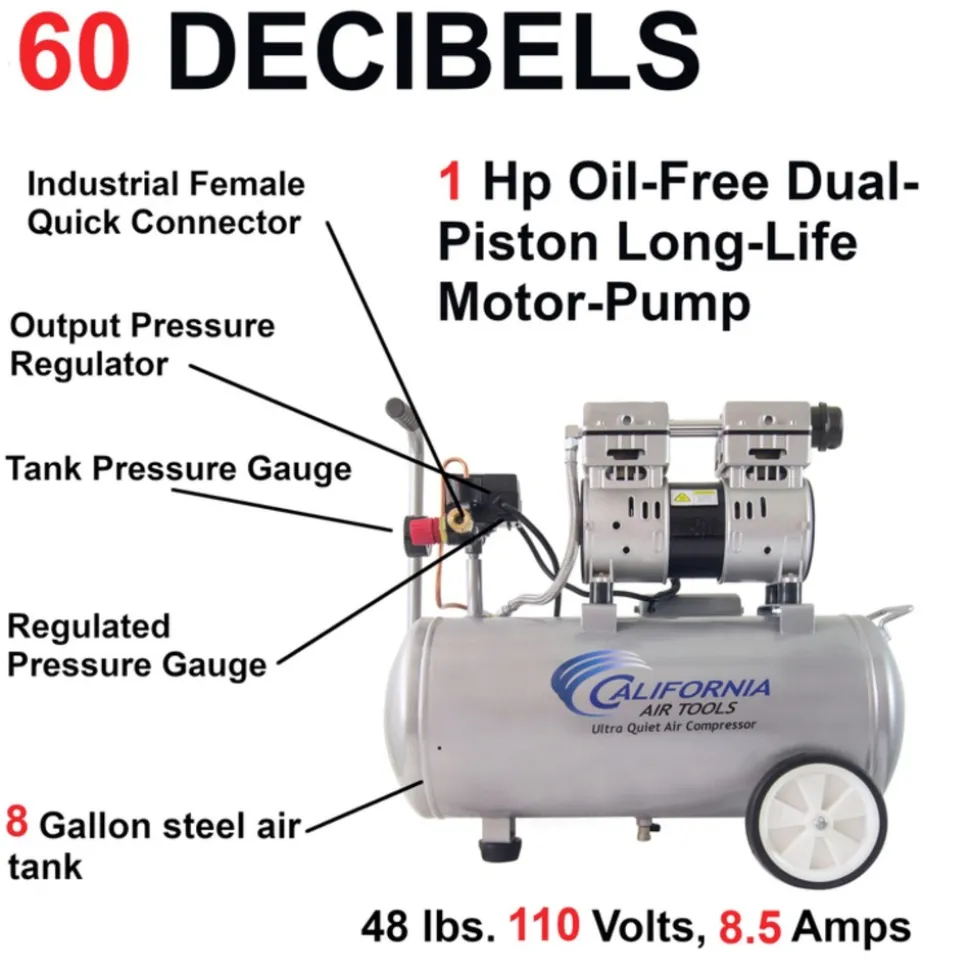 California Air Tools 8010 1 HP 8 Gallon Ultra Quiet and Oil-Free Steel Tank Wheelbarrow Air Compressor