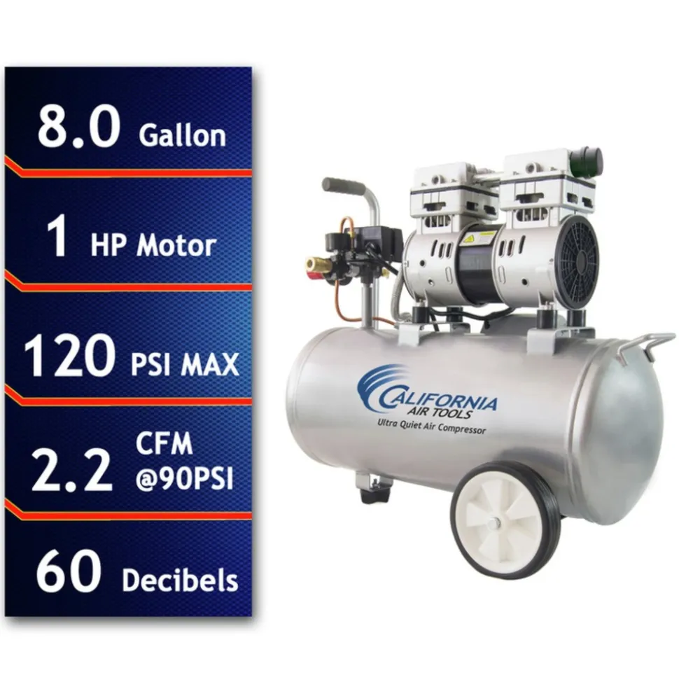 California Air Tools 8010 1 HP 8 Gallon Ultra Quiet and Oil-Free Steel Tank Wheelbarrow Air Compressor
