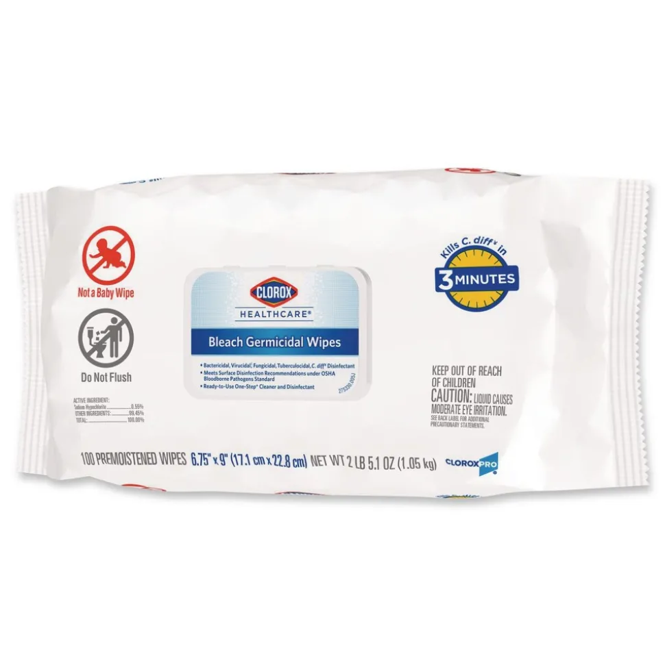 Clorox Healthcare 32621 6.75 in. x 9 in. 1-Ply Bleach Germicidal Disinfectant Wipes - Unscented/White (6/Carton)