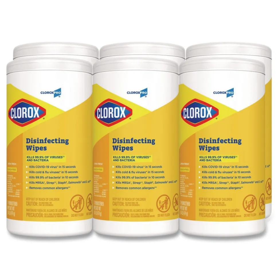 Clorox 7 in. x 8 in. 1-Ply Disinfecting Wipes - Lemon Fresh, White (75/Canister, 6/Carton)