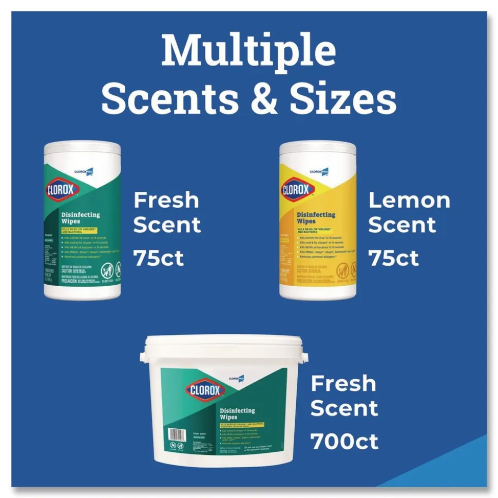 Clorox 7 in. x 8 in. 1-Ply Disinfecting Wipes - Lemon Fresh, White (75/Canister, 6/Carton)