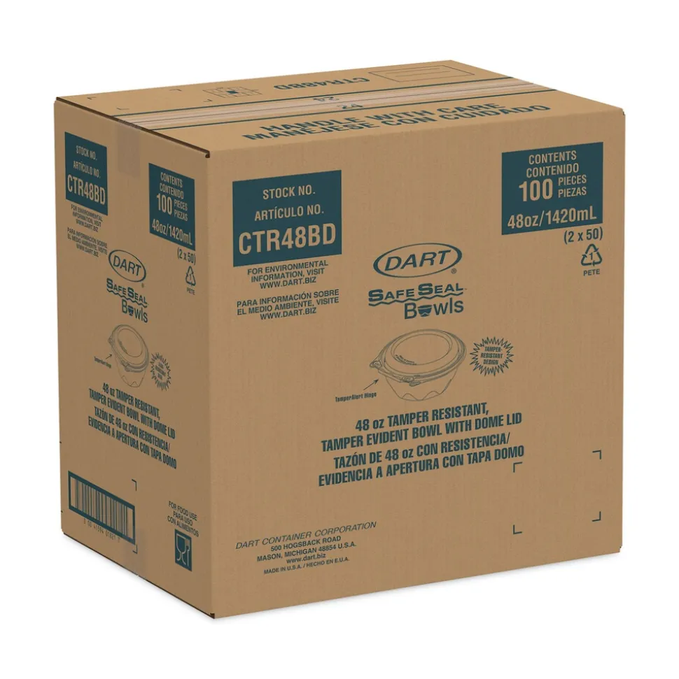Dart CTR48BD 48 oz. 8.9 in. Diameter x 3.4 in. Height Tamper-Resistant/Evident Plastic Bowls with Dome Lid - Clear (100/Carton)