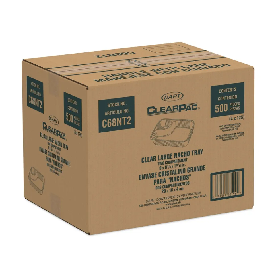 Dart C68NT2 ClearPac 6.2 in. x 6.2 in. x 1.6 in. 3.3 oz. 2-Compartments Plastic Nacho Tray - Large Clear (500/Carton)