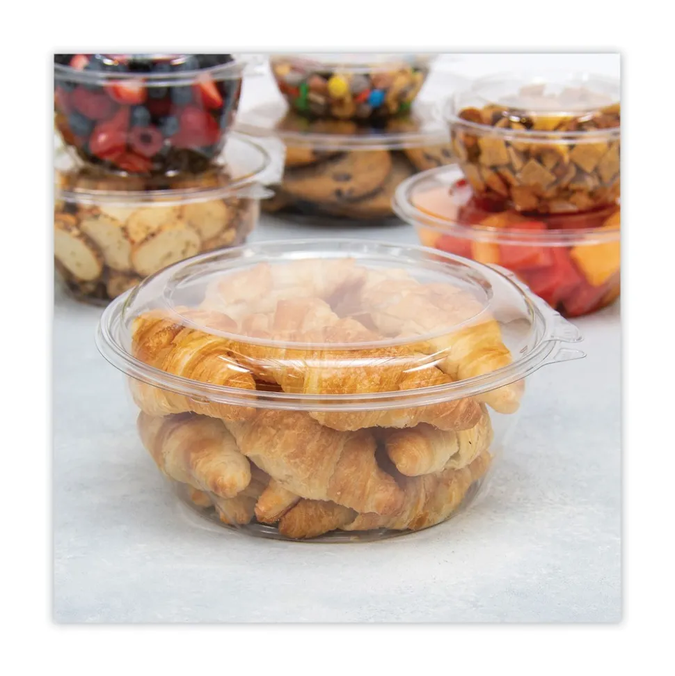 Dart 64 oz. 8.9 in. Diameter x 4 in. Plastic Tamper-Resistant Tamper-Evident Bowls with Dome Lid - Clear (100/Carton)