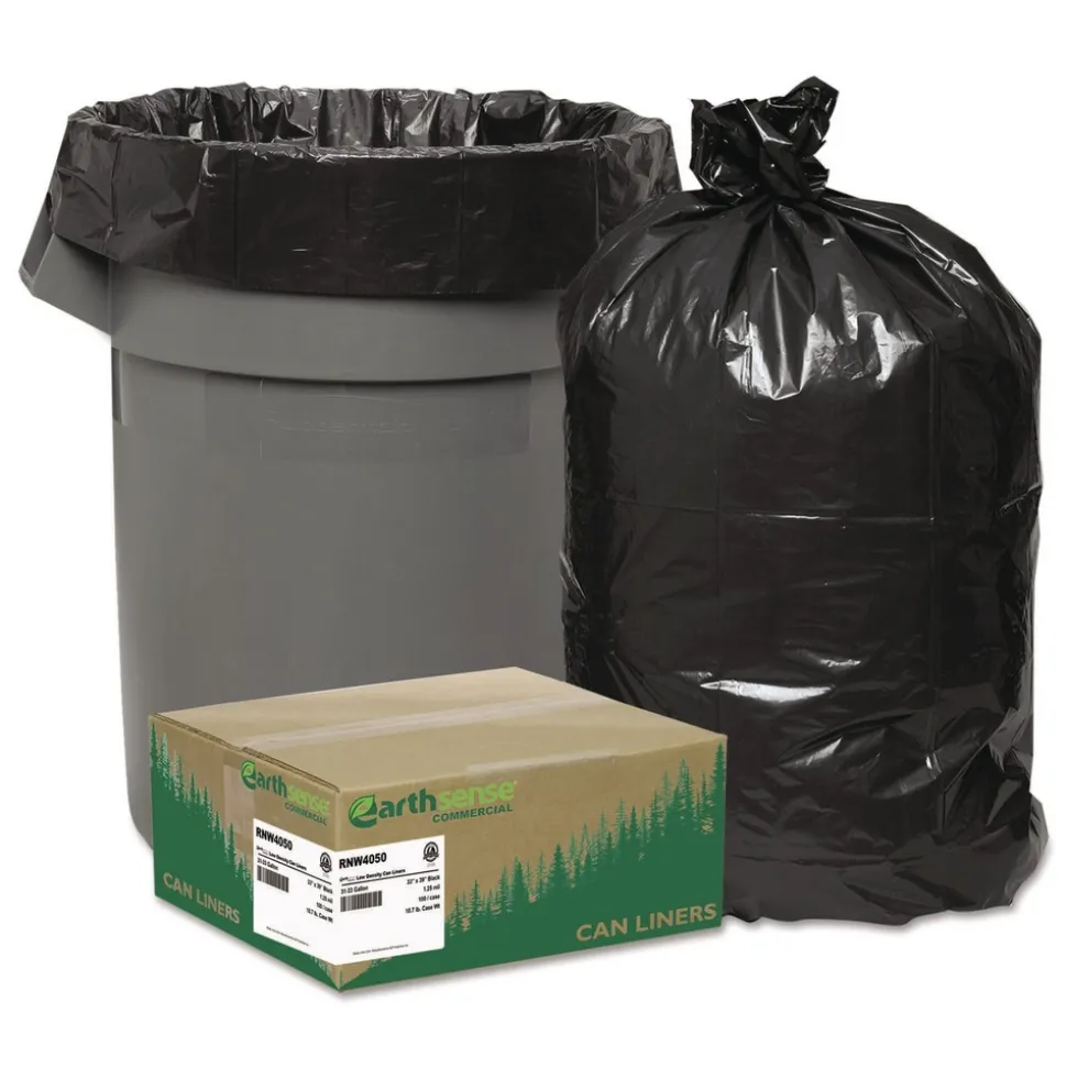 Earthsense Commercial 33 in. x 39 in. 33-Gallon 1.25 mil. Linear Low Density Recycled Can Liners - Black (100/Carton)