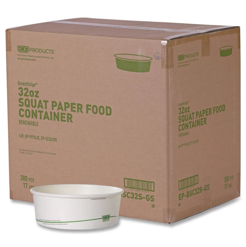 Eco-Products GreenStripe 7.28 in. Diameter x 2.48 in. 32 oz. Paper Food Containers - White (300/Carton)