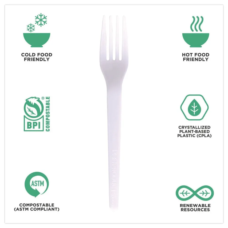 Eco-Products Plantware CPLA Cutlery Fork - White (1000/Carton)