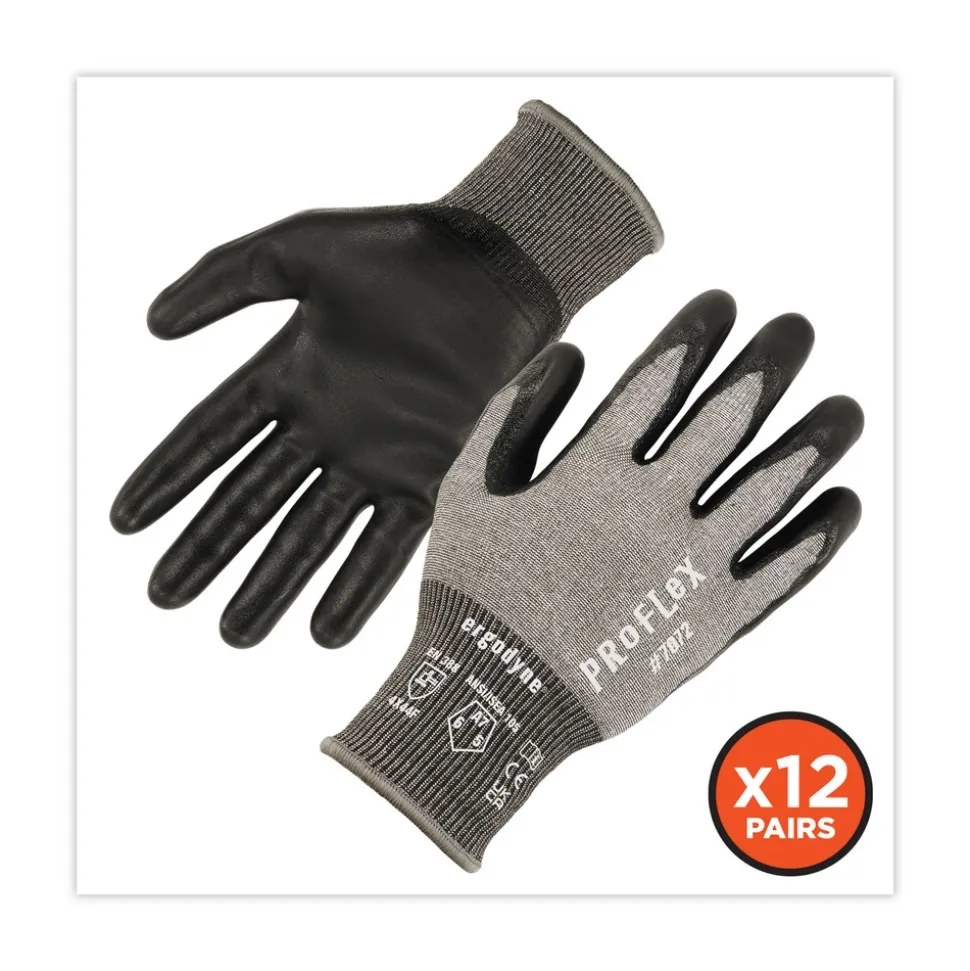 Ergodyne ProFlex 7072 ANSI A7 Nitrile-Coated CR Gloves, Gray, Large, 12 Pairs/Pack