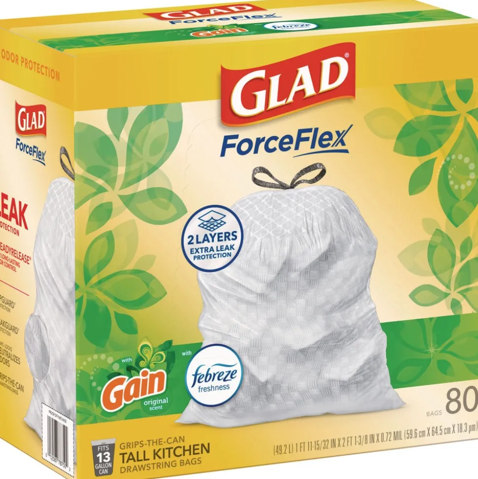 Glad ForceFlex 24 in. x 27.38 in. 13 Gallon Kitchen Drawstring Trash Bags - Gain Original Scent/White (240/Carton)