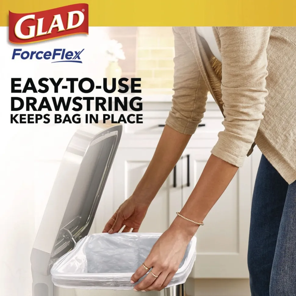Glad ForceFlex 24 in. x 27.38 in. 13 Gallon Kitchen Drawstring Trash Bags - Gain Original Scent/White (240/Carton)