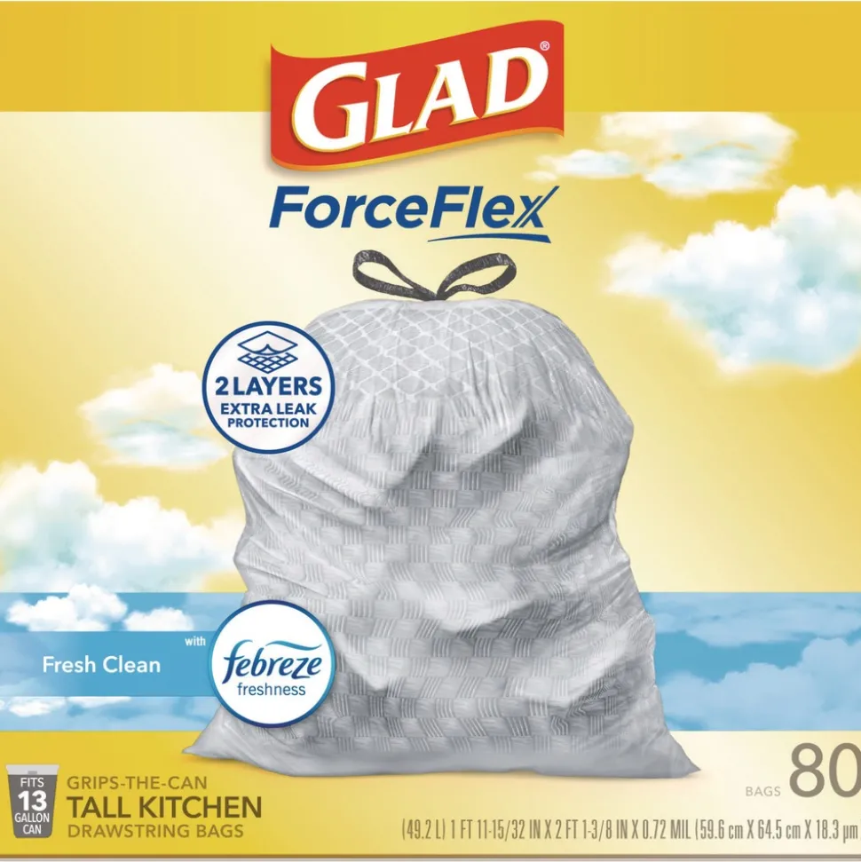 Glad ForceFlex 24 in. x 27.38 in. 13-Gallon Kitchen Drawstring Trash Bags - Gain Fresh Clean Scent White (80/Box)