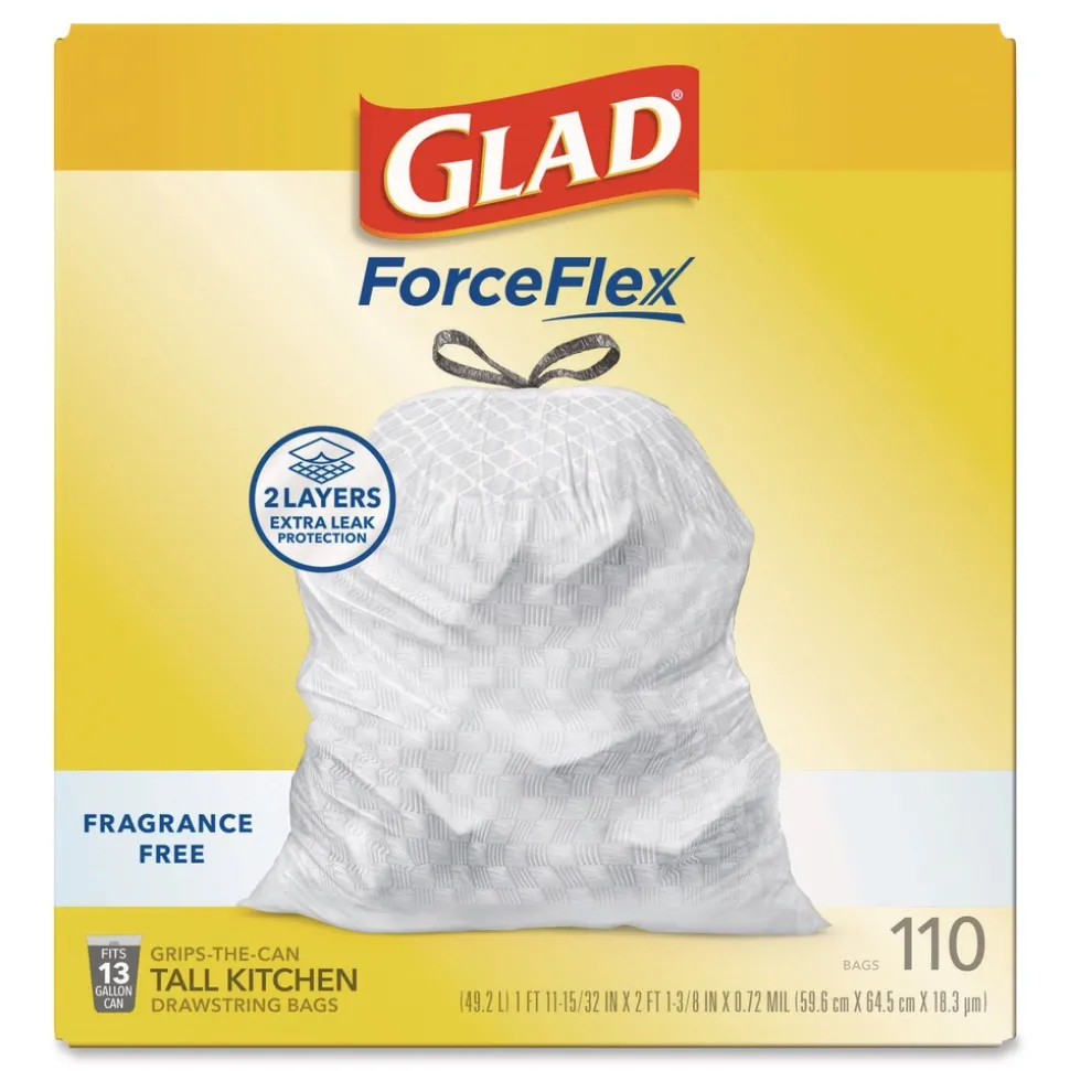 Glad ForceFlex Kitchen Drawstring Trash Bags, Drawstring, 13 gal, Unscented, 23.47 x 25.38, White, 110 Bags/Box, 3 Boxes/Carton