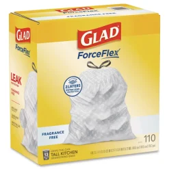 Glad ForceFlex Kitchen Drawstring Trash Bags, Drawstring, 13 gal, Unscented, 23.47 x 25.38, White, 110 Bags/Box, 3 Boxes/Carton