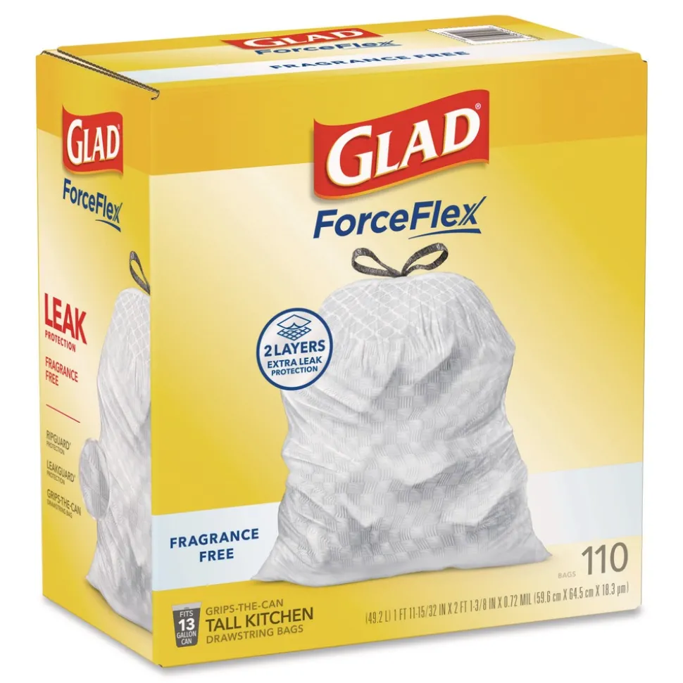 Glad ForceFlex Kitchen Drawstring Trash Bags, Drawstring, 13 gal, Unscented, 23.47 x 25.38, White, 110 Bags/Box, 3 Boxes/Carton