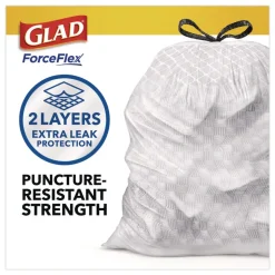Glad ForceFlex Kitchen Drawstring Trash Bags, Drawstring, 13 gal, Unscented, 23.47 x 25.38, White, 110 Bags/Box, 3 Boxes/Carton