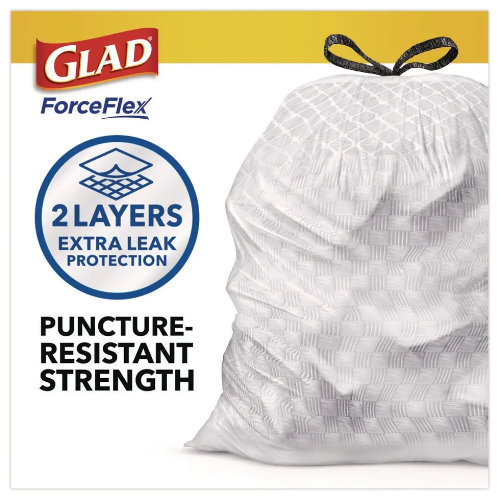 Glad ForceFlex Kitchen Drawstring Trash Bags, Drawstring, 13 gal, Unscented, 23.47 x 25.38, White, 110 Bags/Box, 3 Boxes/Carton