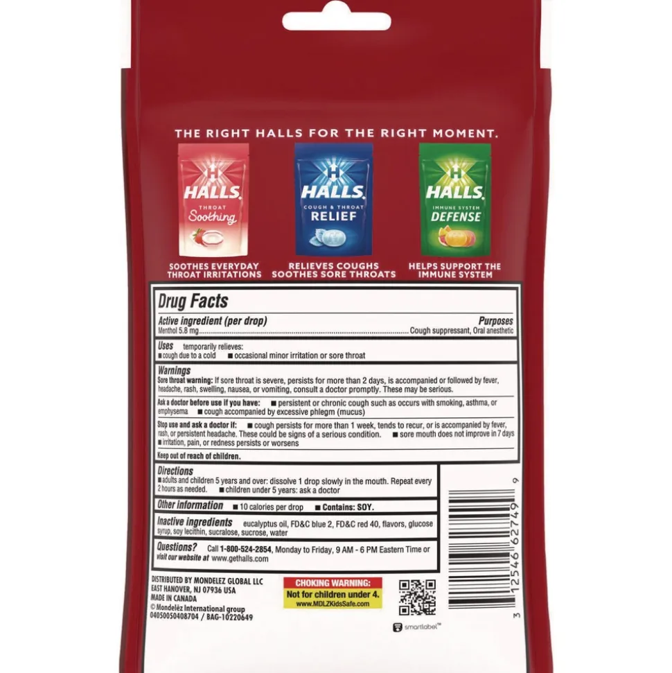 HALLS Triple Action Cough Drops - Cherry (30/Bag, 12 Bags/Box)