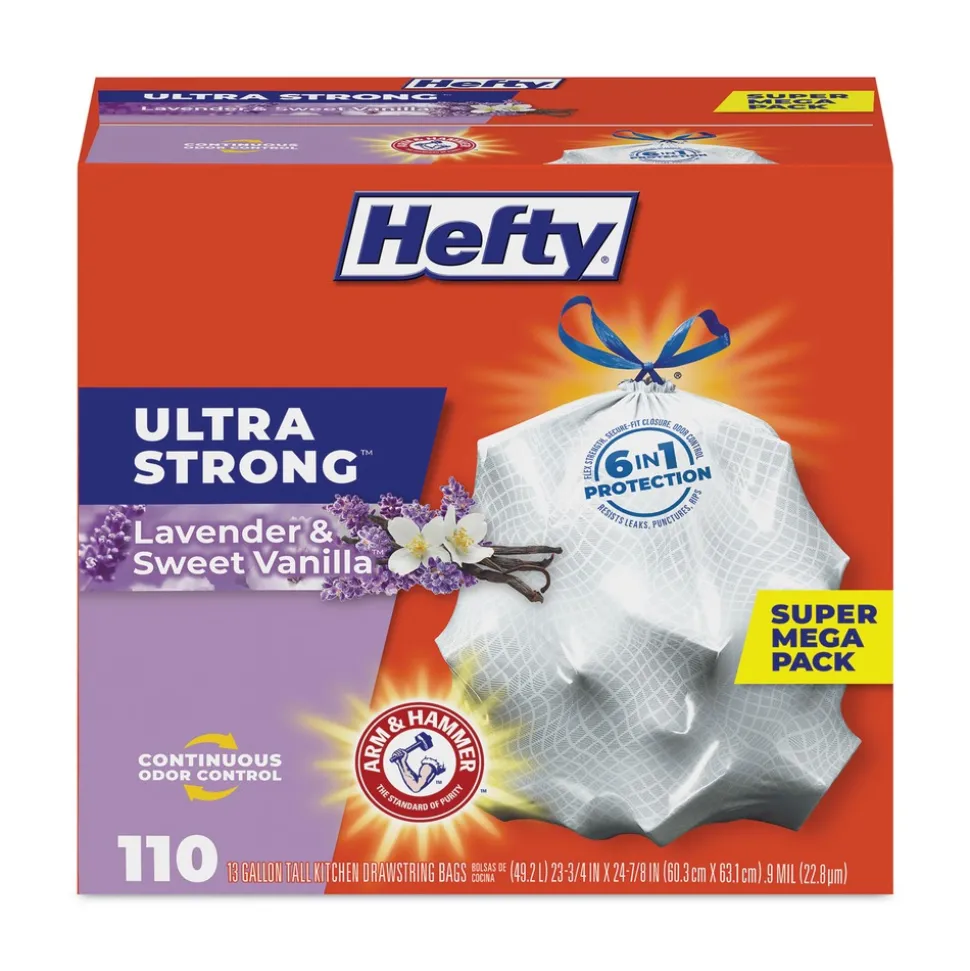 Hefty 23.75 in. x 24.88 in. 13 gal. Ultra Strong Scented Drawstring Tall Kitchen Bags - Lavender/Vanilla, White (330/Carton)