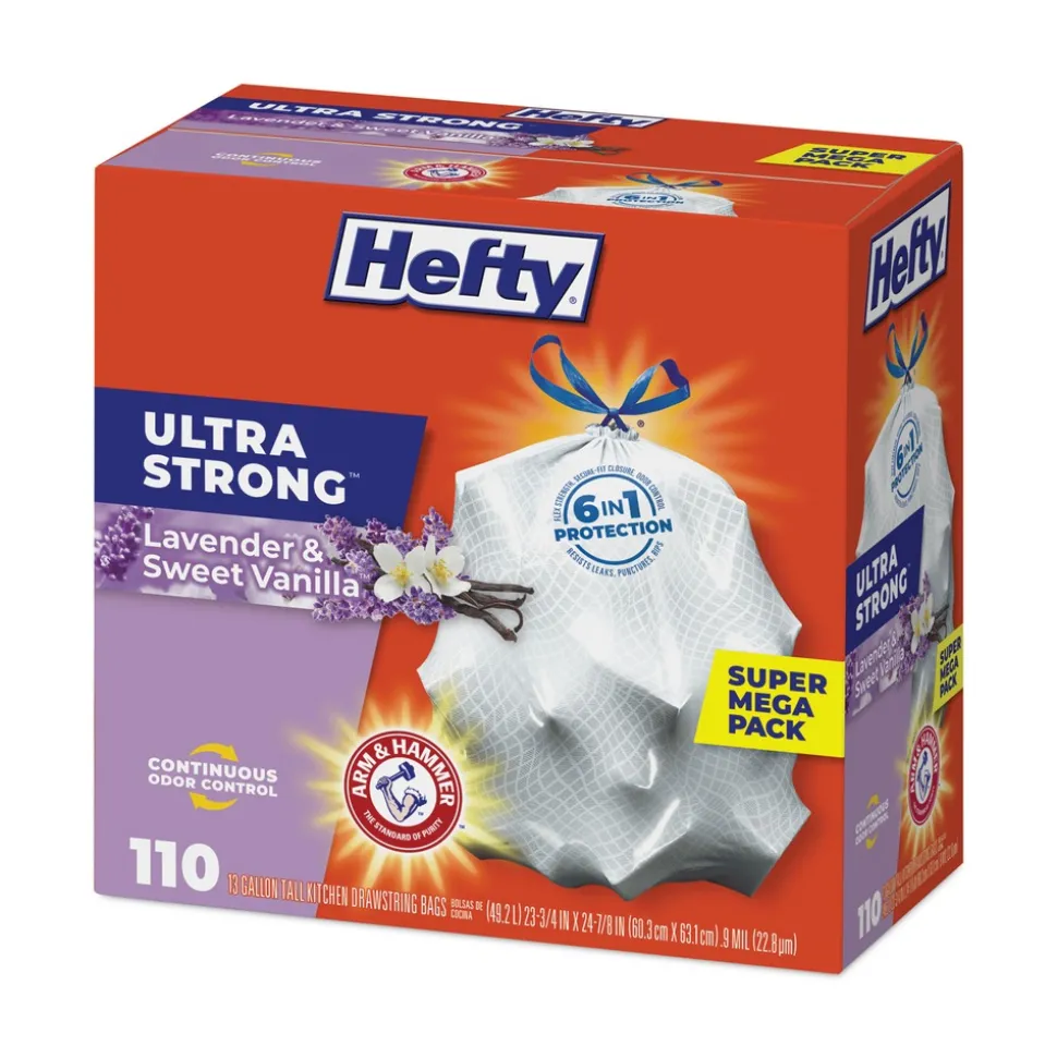 Hefty 23.75 in. x 24.88 in. 13 gal. Ultra Strong Scented Drawstring Tall Kitchen Bags - Lavender/Vanilla, White (330/Carton)