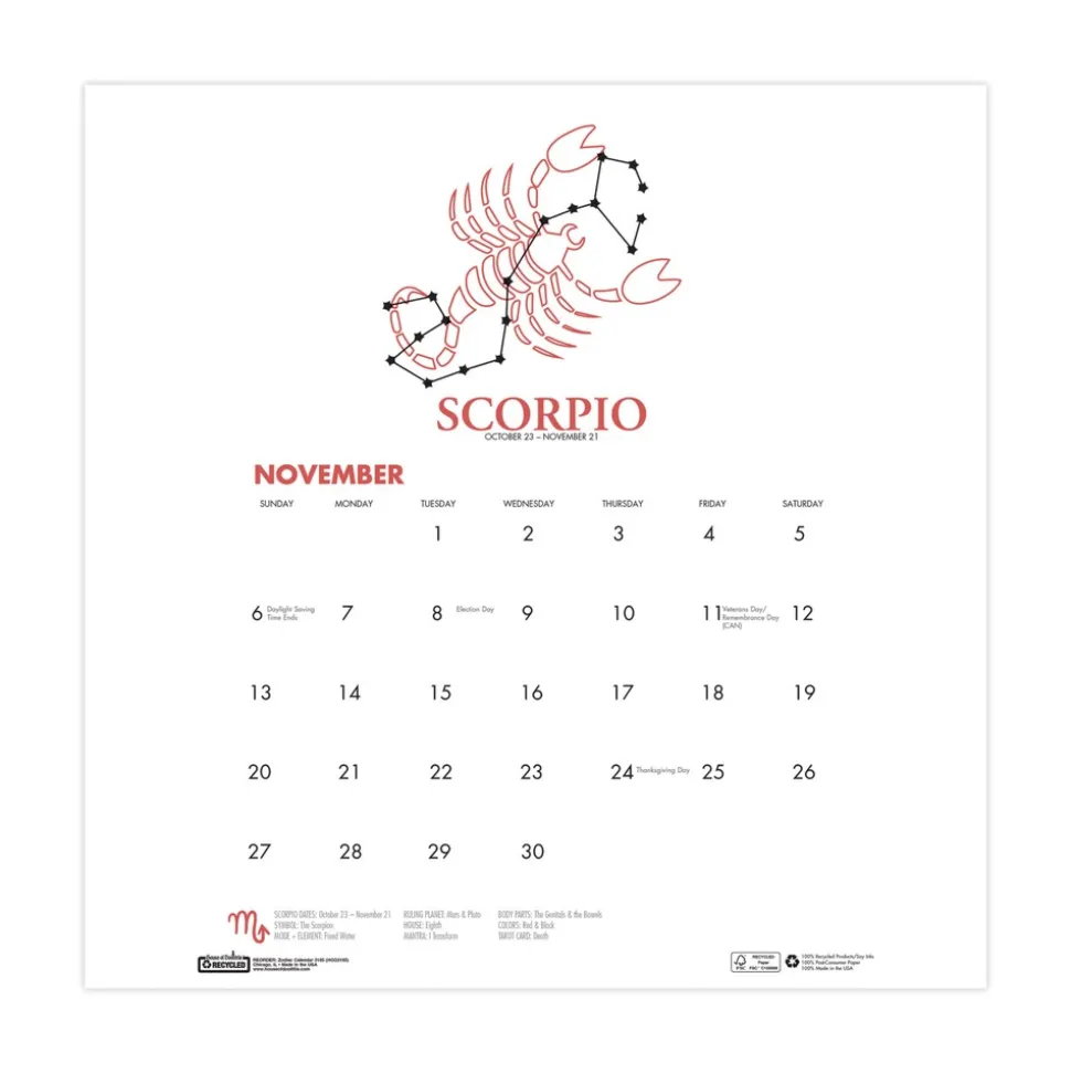 House of Doolittle 11 in. x 14 in. 12-Month (Aug 2025-Jul 2026) Recycled Academic Zodiac Wall Calendar - Multicolor Sheets