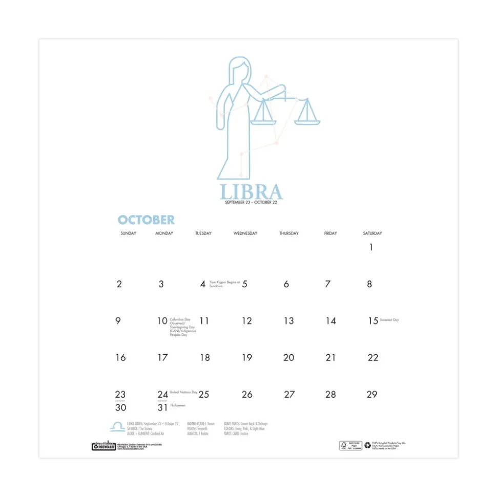 House of Doolittle 11 in. x 14 in. 12-Month (Aug 2025-Jul 2026) Recycled Academic Zodiac Wall Calendar - Multicolor Sheets