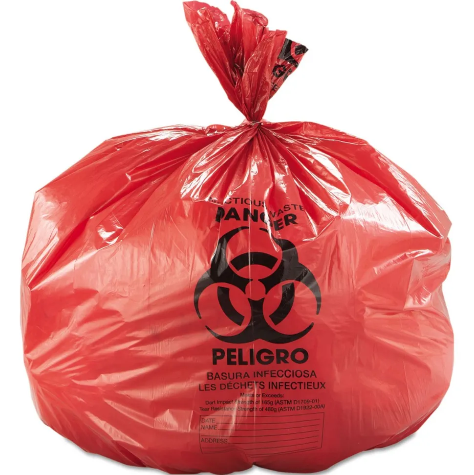 Inteplast Group WSL4046R Low-Density 45 Gallon 40 in. x 46 in. Commercial Can Liners - Red (100/Carton)