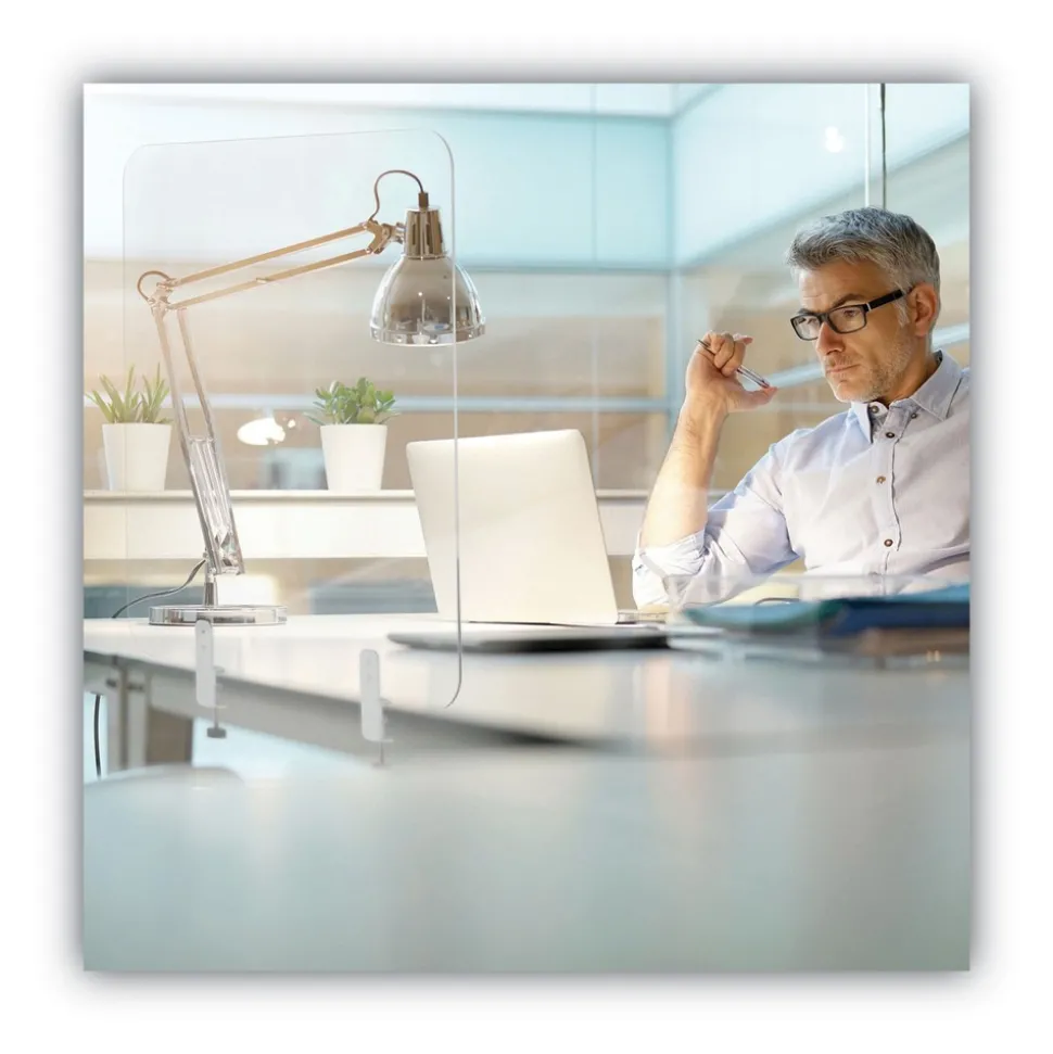 MasterVision GL0801393 Protector Series 47.2 in. x 0.16 in. x 35.4 in. Frameless Glass Desktop Divider - Clear/Aluminum (1/Carton)