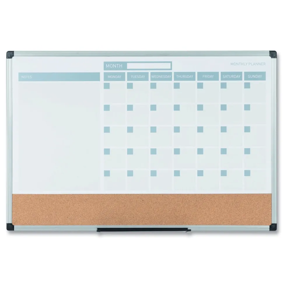 MasterVision 24 in. x 18 in. 3-in-1 Monthly Planning/Scheduling Calendar Planner Board - Tan/White/Blue Surface/Satin Aluminum Frame