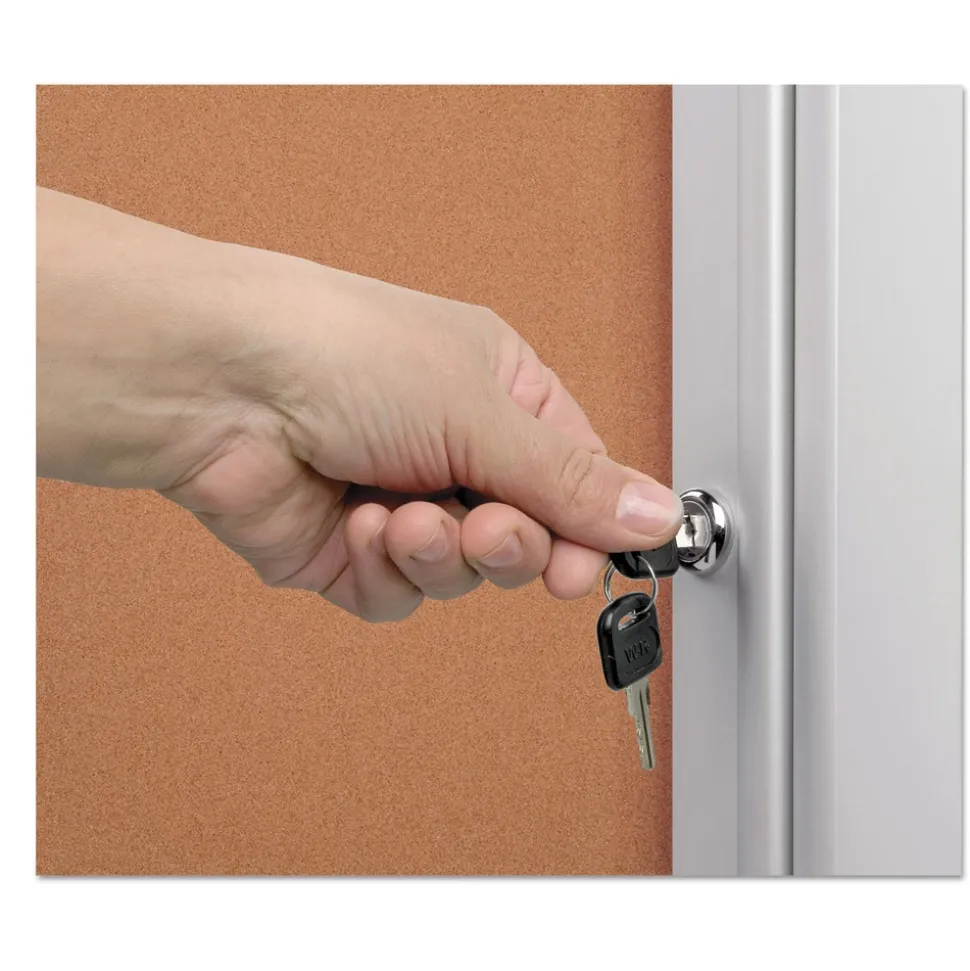 MasterVision 28 in. x 38 in. Slim-Line Enclosed Cork Bulletin Board with One Door - Tan Surface/Satin Aluminum Frame