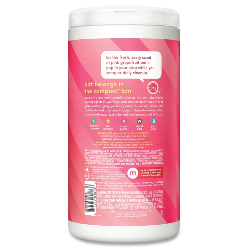 Method 1 Ply All Purpose Cleaning Wipes - White Pink Grapefruit (6/Carton)