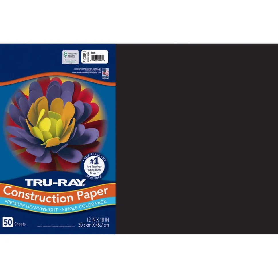 Pacon 12 in. x 18 in. 76 lb Text Weight Tru-Ray Construction Paper - Black (25 Packs/Carton)