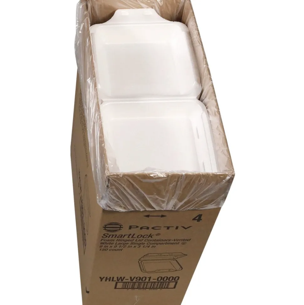 Pactiv Corp. 9 in. x 9.5 in. x 3.3 in. SmartLock Vented Foam Hinged Lid Container - White (150/Carton)