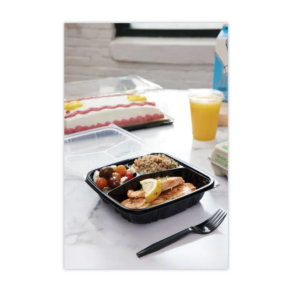 Pactiv Corp. 33 oz. 8-1/2 in. x 8-1/5 in. x 3 in. 3-Compartment EarthChoice Vented Dual Color Microwavable Hinged Lid Container - Black/Clear (150/Carton)